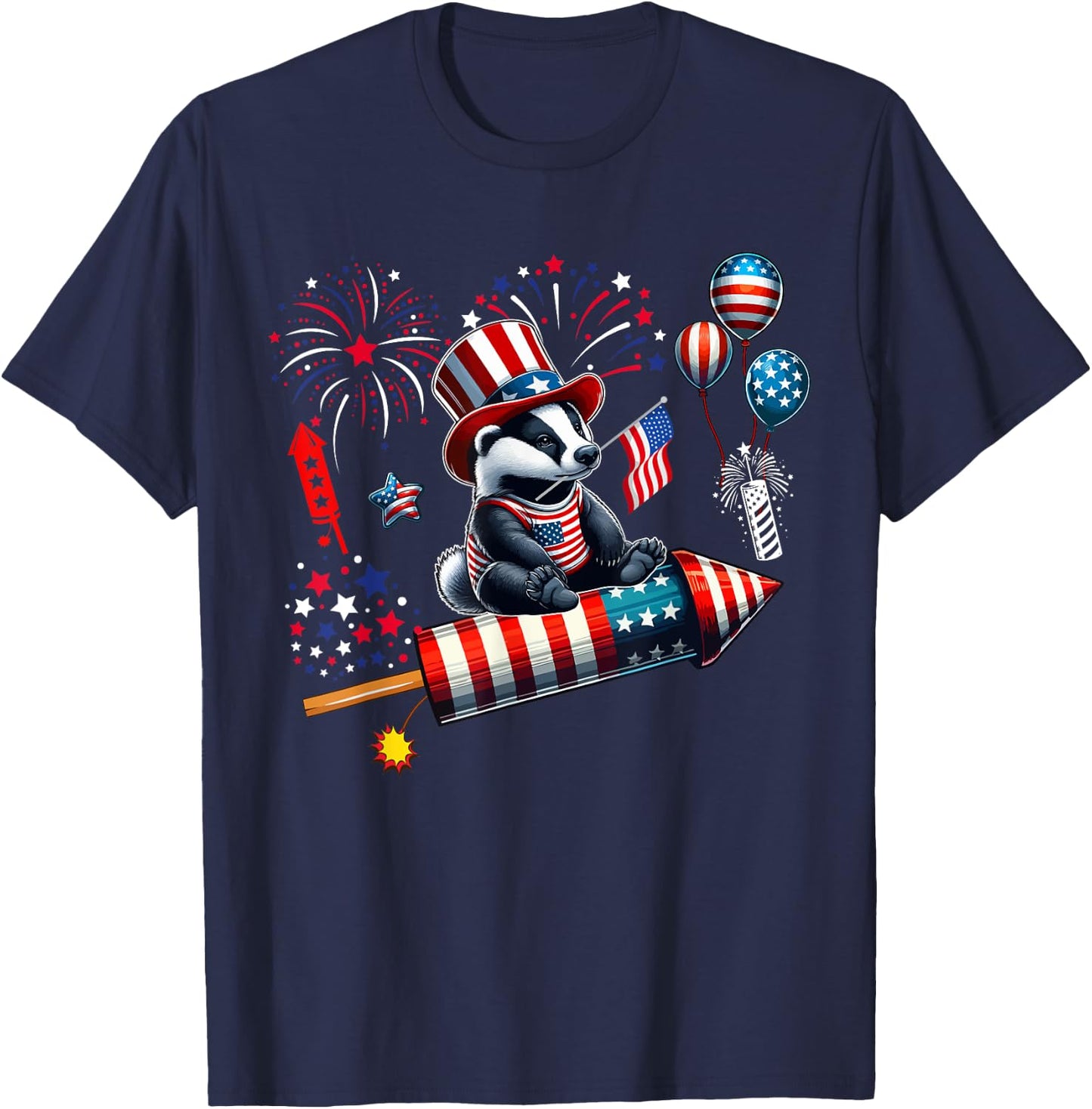 Badger Riding Firecracker US Flag 4th Of July Fireworks T-Shirt - T-Shirt | Navy