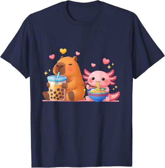 Cute Capybara Drink Boba Tea and Axolotl Eat Ramen Noodles T-Shirt - T-Shirt | Navy