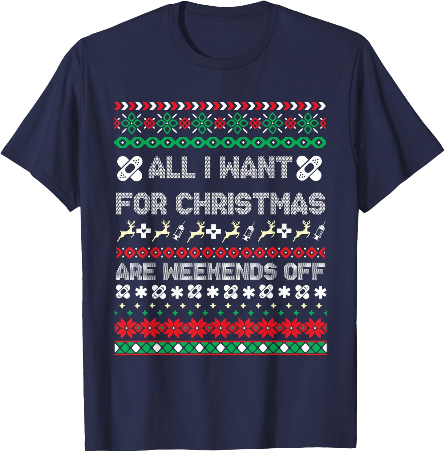 Christmas Nurse Ugly Christmas Sweater T-Shirt - T-Shirt | Navy
