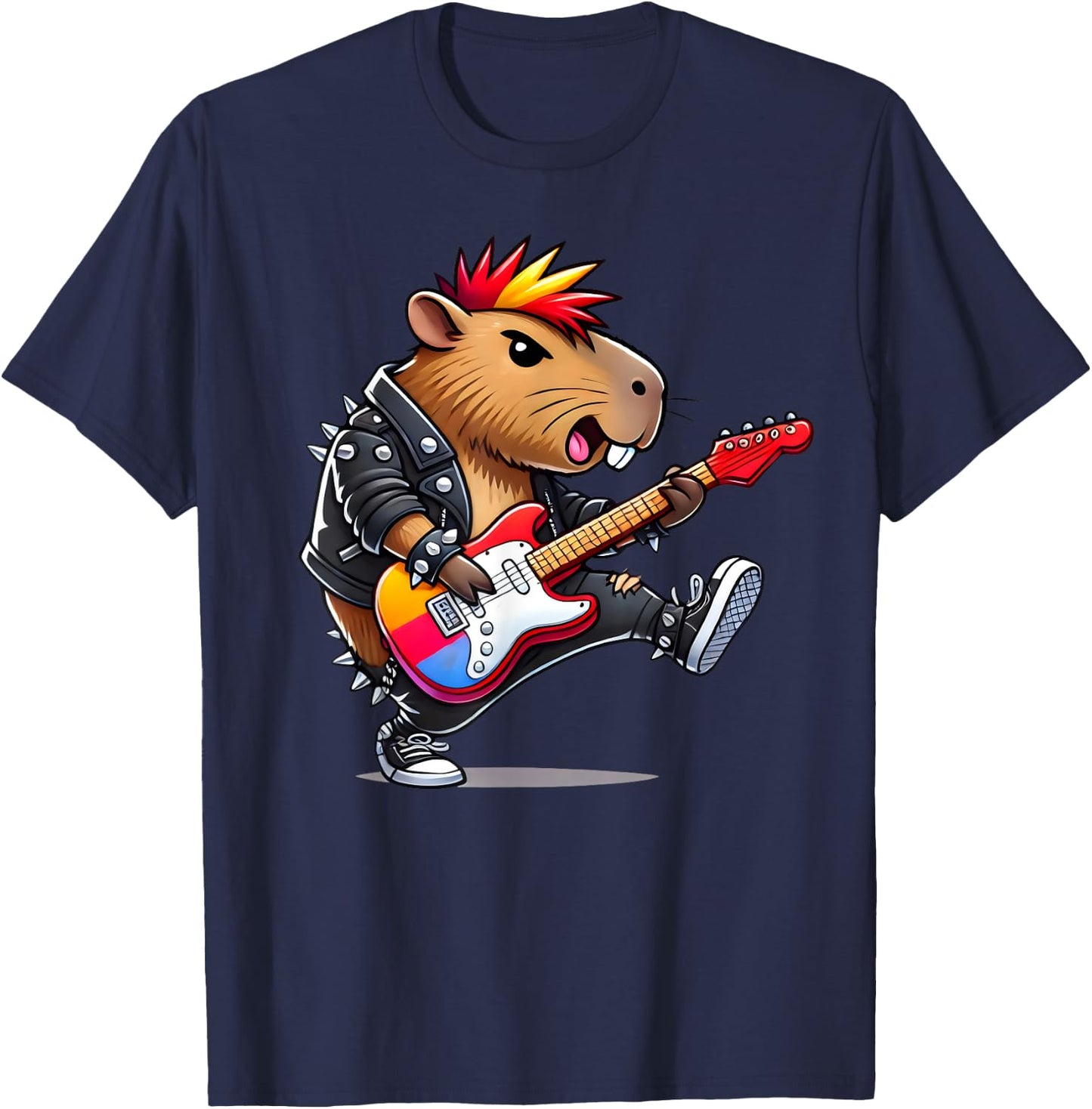 Cute Punk Capybara, Rock'n Roll Goth Capibara, Guitar Band T-Shirt - T-Shirt | Navy