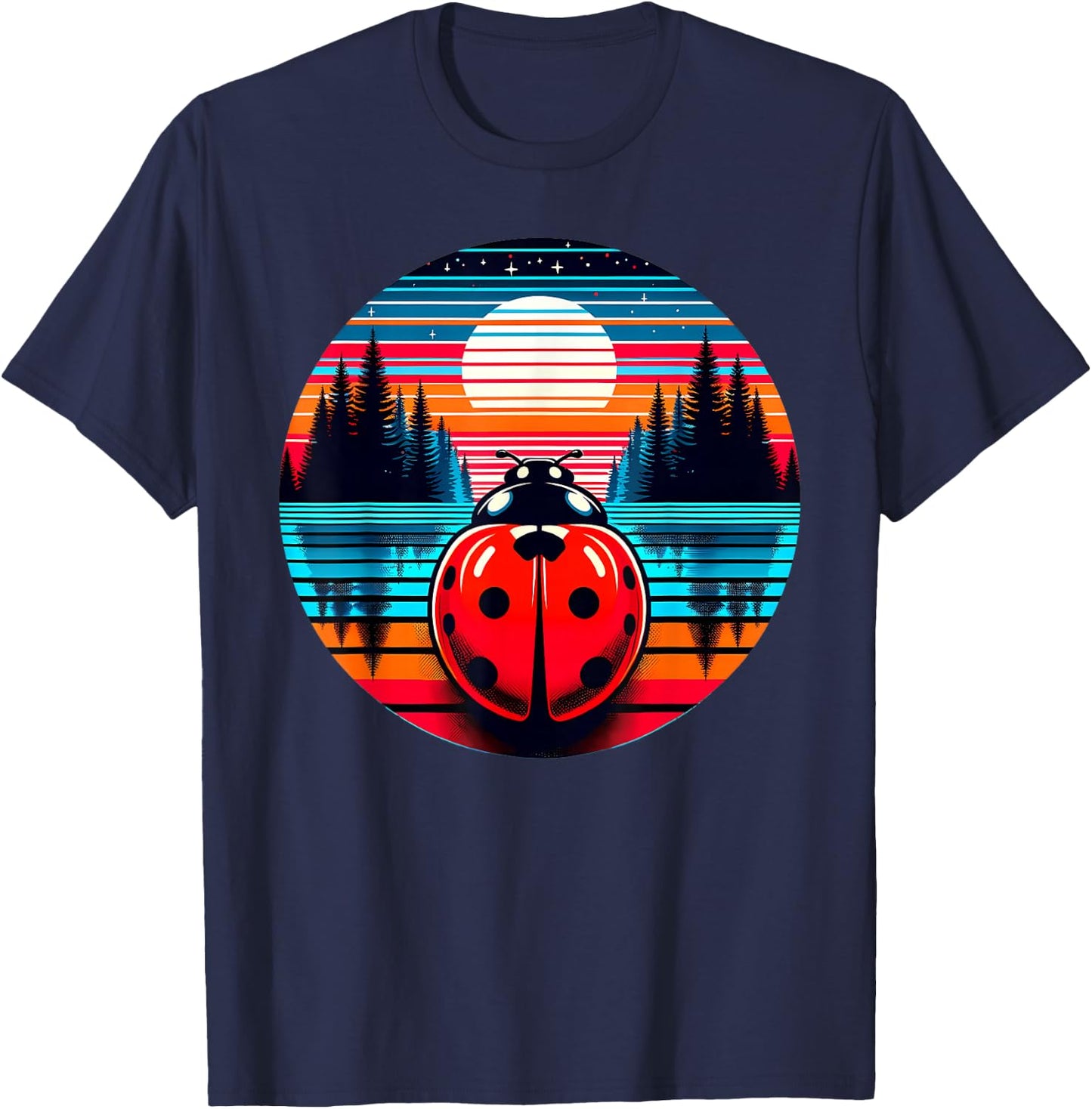 Ladybug Insect Sunset Retro Style Vintage 80s 70s T-Shirt - T-Shirt | Navy