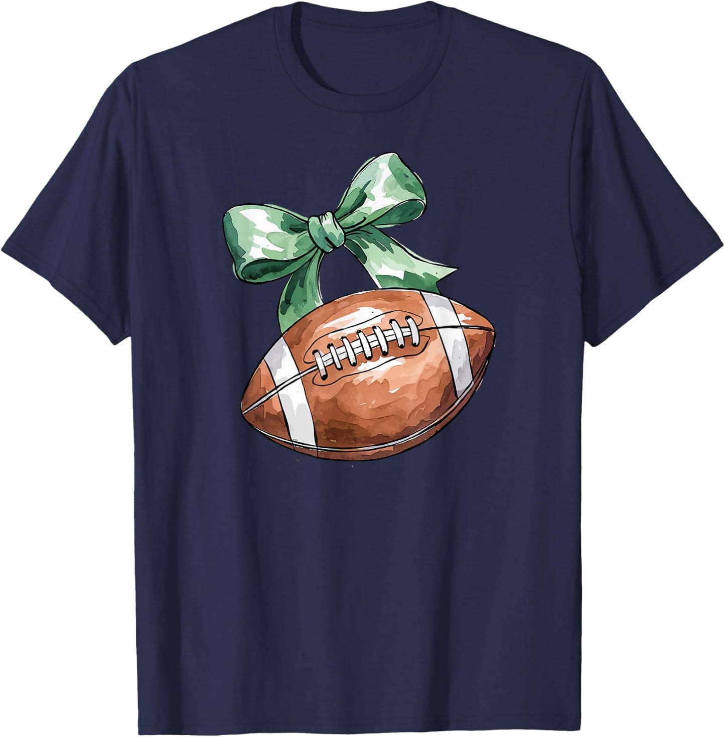 Coquette Football with Green Bow, Cute Team Spirit Sports T-Shirt - T-Shirt | Navy