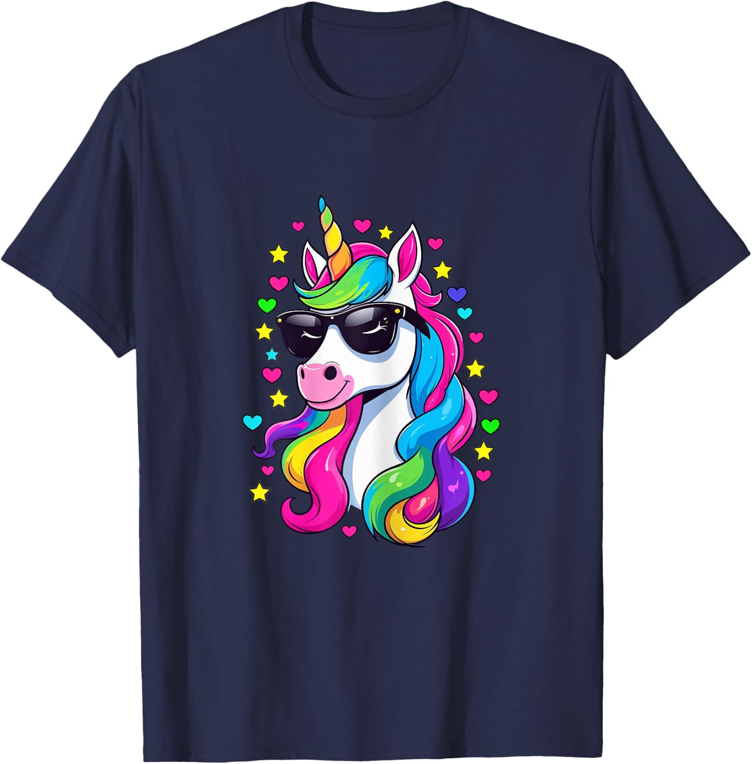 Colorful Unicorn Wearing Sunglasses Hearts and Stars T-Shirt - T-Shirt | Navy