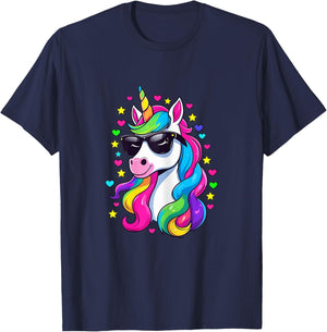 Colorful Unicorn Wearing Sunglasses Hearts and Stars T-Shirt - T-Shirt | Navy
