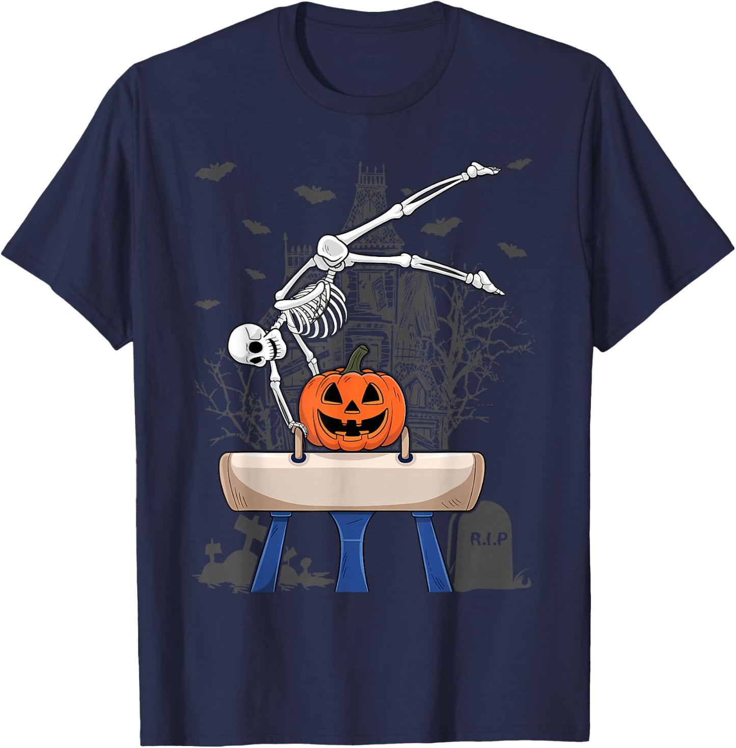 Skeleton Gymnastics Halloween Pumpkin Horizontal Bar T-Shirt - T-Shirt | Navy