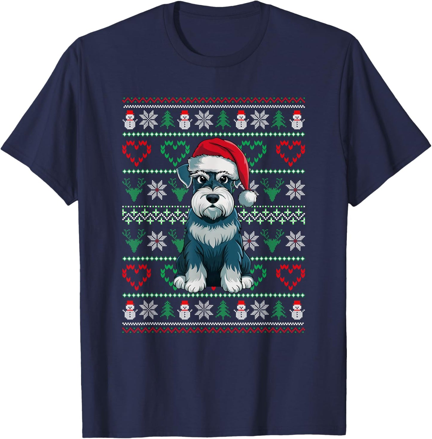 Ugly Christmas Schnauzer Dog Wearing Santa Hat Xmas Pajama T-Shirt - T-Shirt | Navy