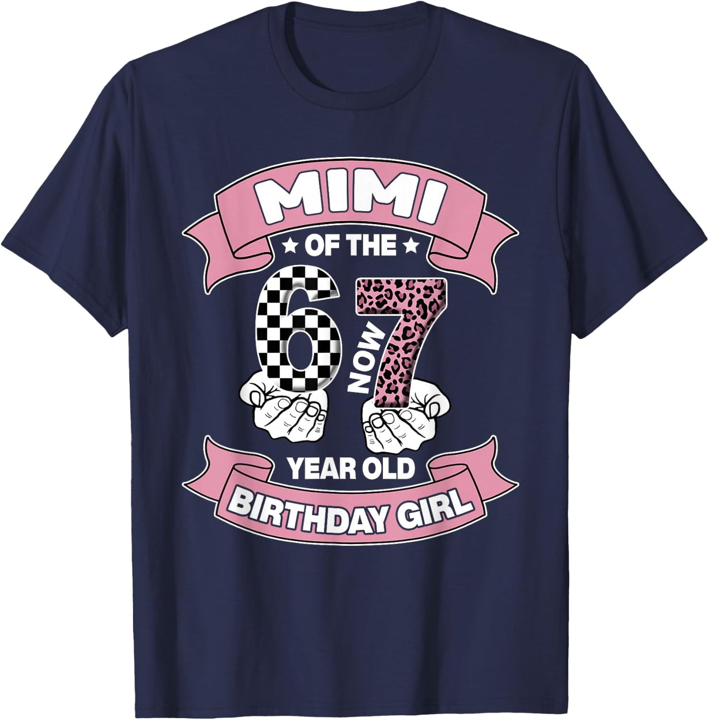 Mimi 67 Birthday 7 Years Old Ribbon Leopard Family T-Shirt - T-Shirt | Navy