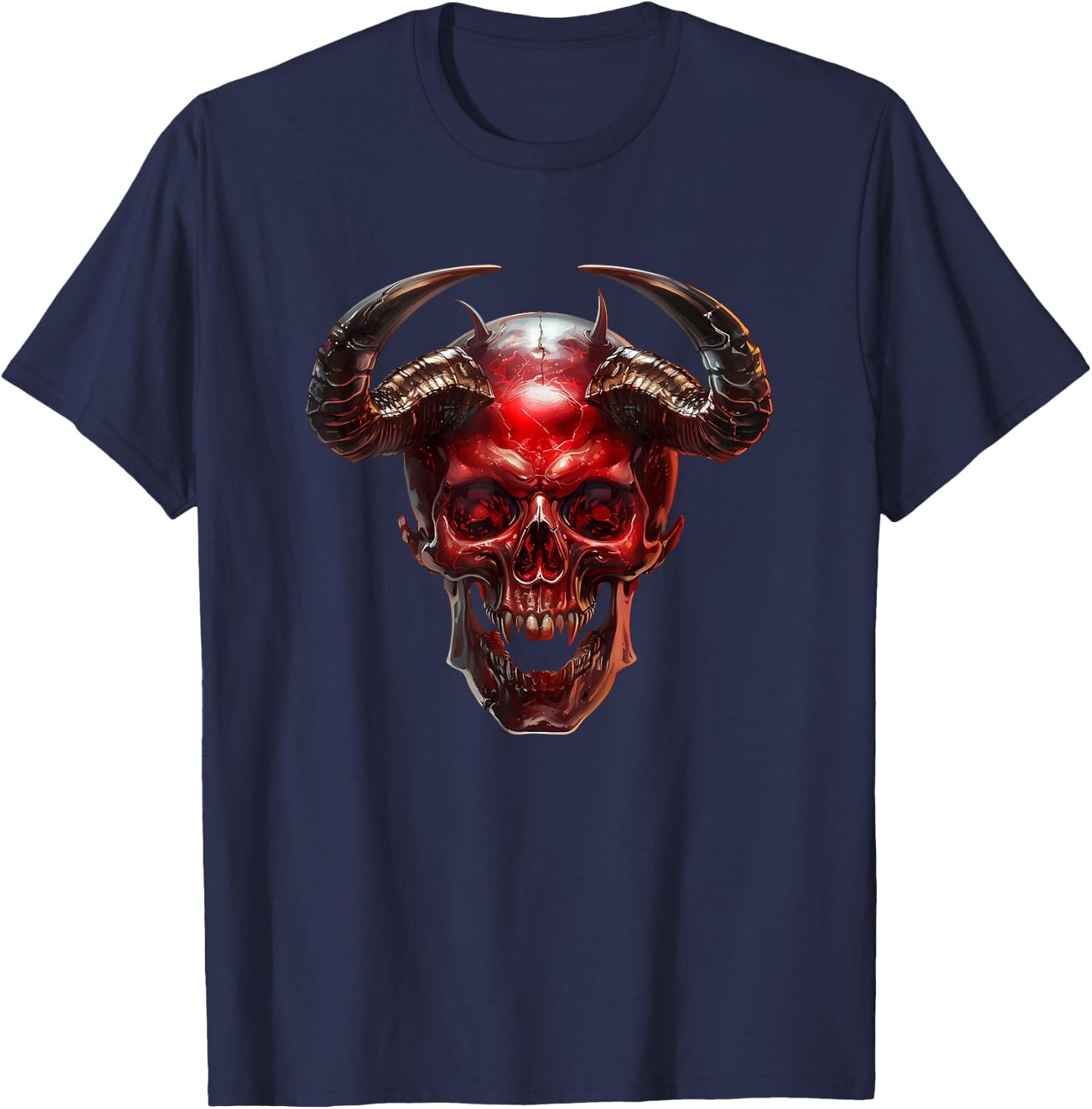 Satanic Goth Skull With Occult Devil Horns Red Demon T-Shirt - T-Shirt | Navy