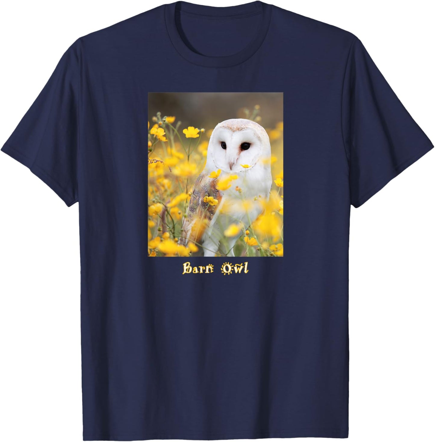 Barn Owl In Field Of Bright Yellow Flowers T-Shirt - T-Shirt | Navy