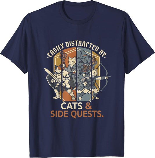 Easily Distracted By Cats and Side Quests Funny RPG Gamer T-Shirt - T-Shirt | Navy