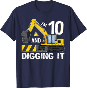 Kids Im 10 And Digging It Boy Excavator 10th Birthday T-Shirt - T-Shirt | Navy