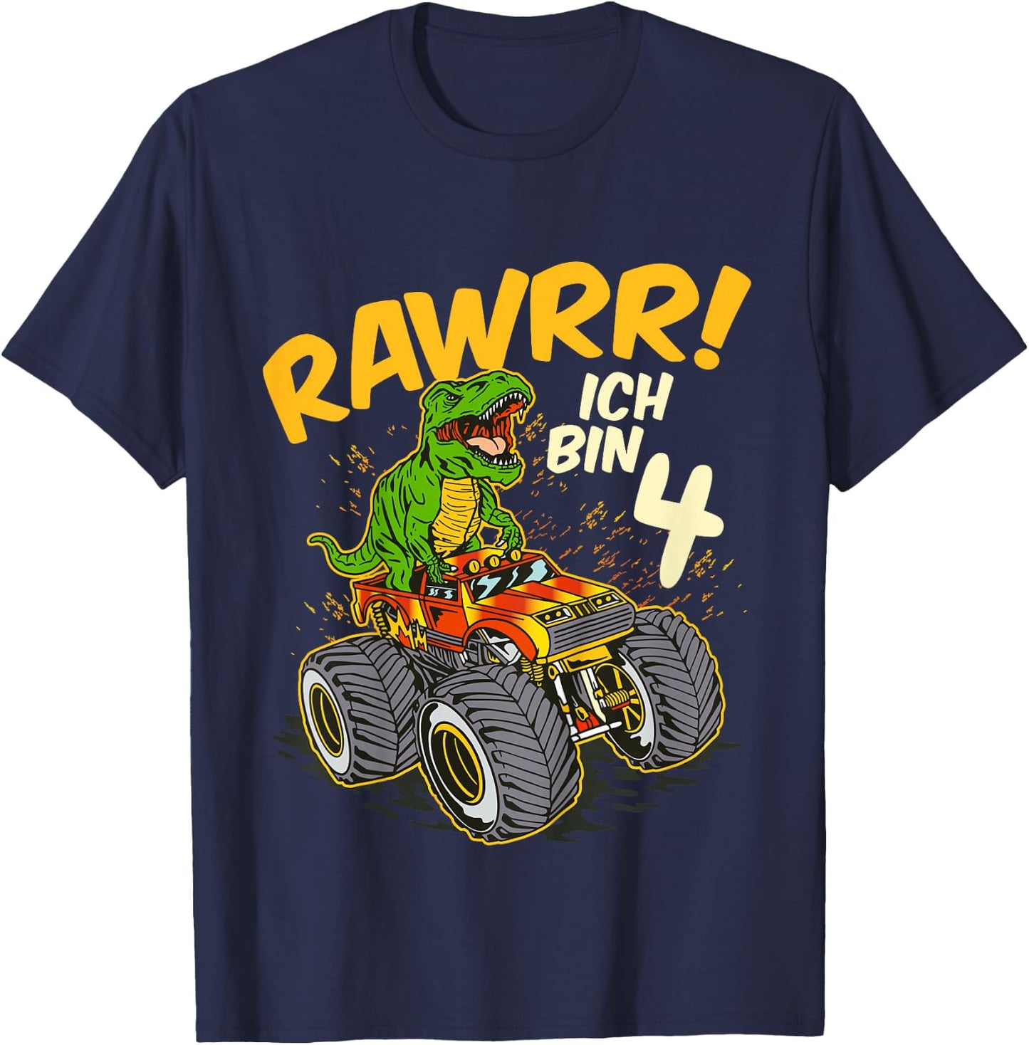 Kids 4 Years Old 4th Birthday Boy Monster Truck Car T-Rex , black T-Shirt - T-Shirt | Navy