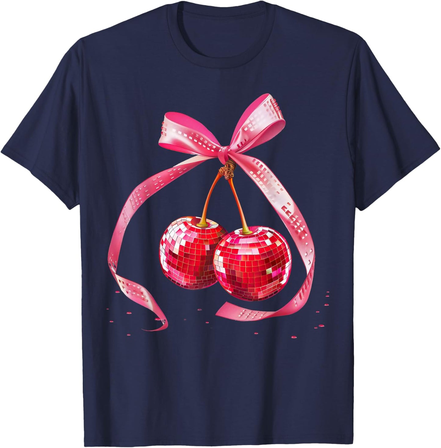 Coquette Preppy Pink Bow Cherry Disco Ball Y2K Aesthetic , black, S T-Shirt - T-Shirt | Navy