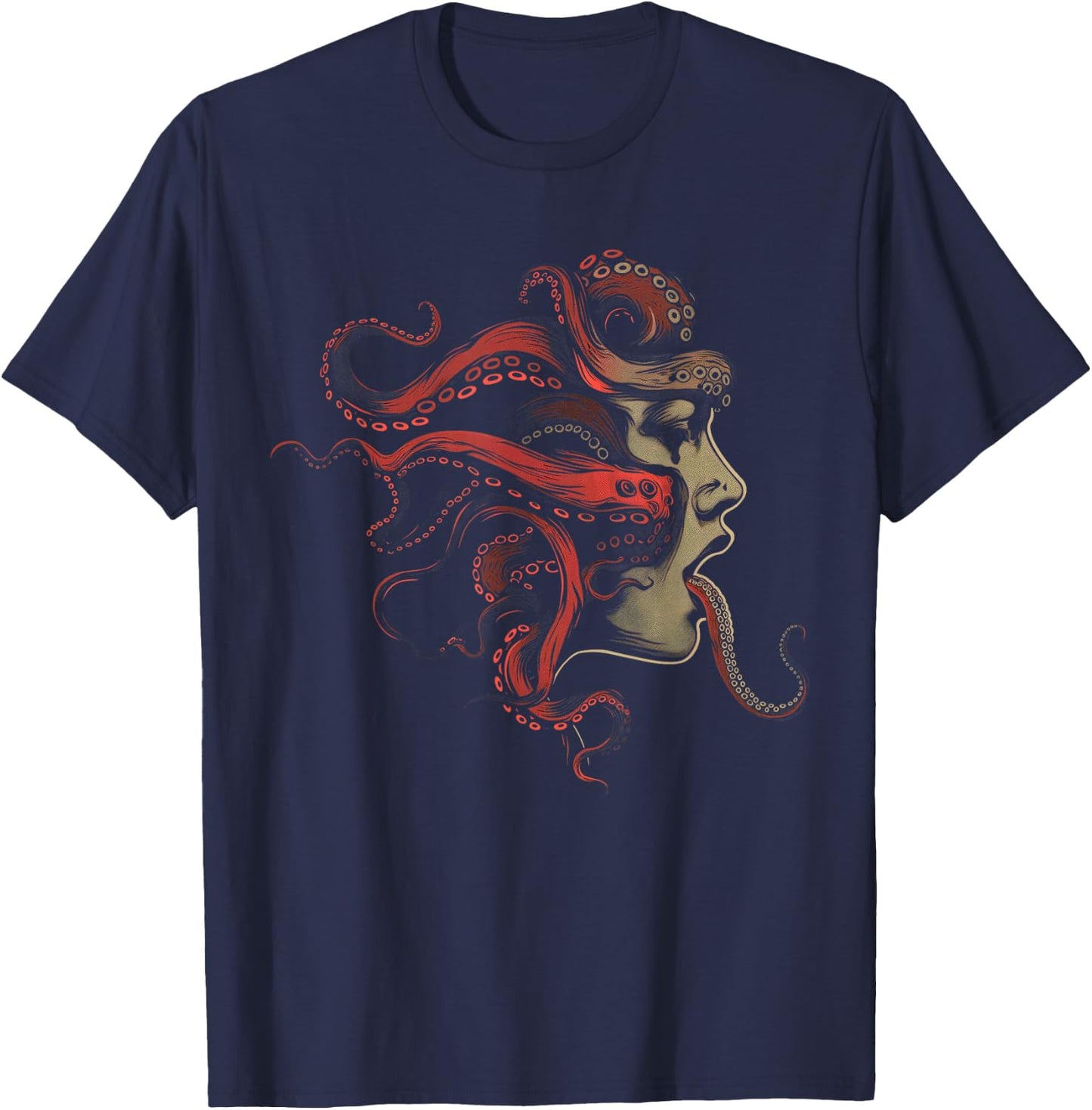 Weirdcore Aesthetic Octopus Woman Face Creepy Strangecore T-Shirt - T-Shirt | Navy