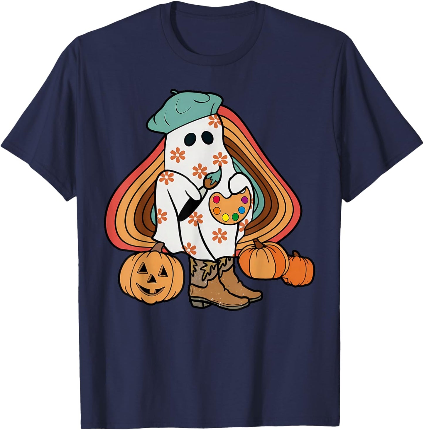 Art Teacher Painting Brushes Retro Pumpkin Ghost Artist T-Shirt - T-Shirt | Navy