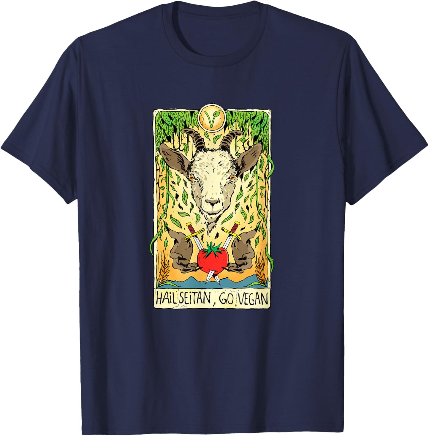 Hail Seitan Go Vegan Tarot Card Goat for Vegansim Lifestyle T-Shirt - T-Shirt | Navy