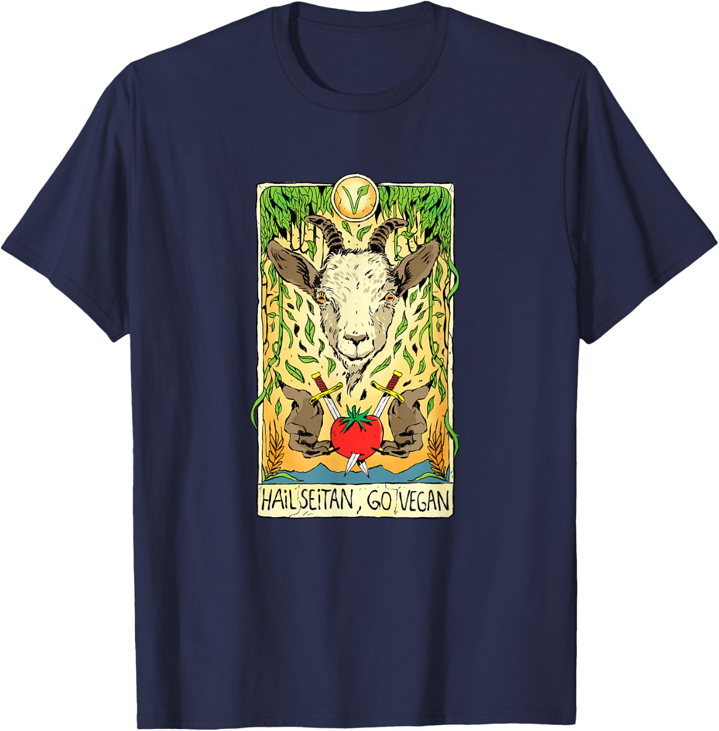 Hail Seitan Go Vegan Tarot Card Goat for Vegansim Lifestyle T-Shirt - T-Shirt | Navy