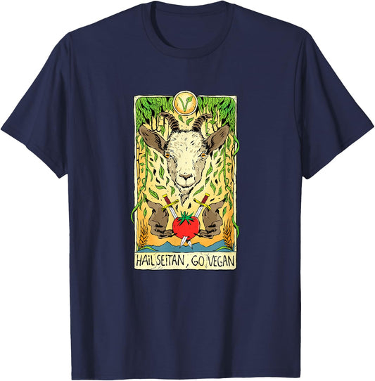Hail Seitan Go Vegan Tarot Card Goat for Vegansim Lifestyle T-Shirt - T-Shirt | Navy