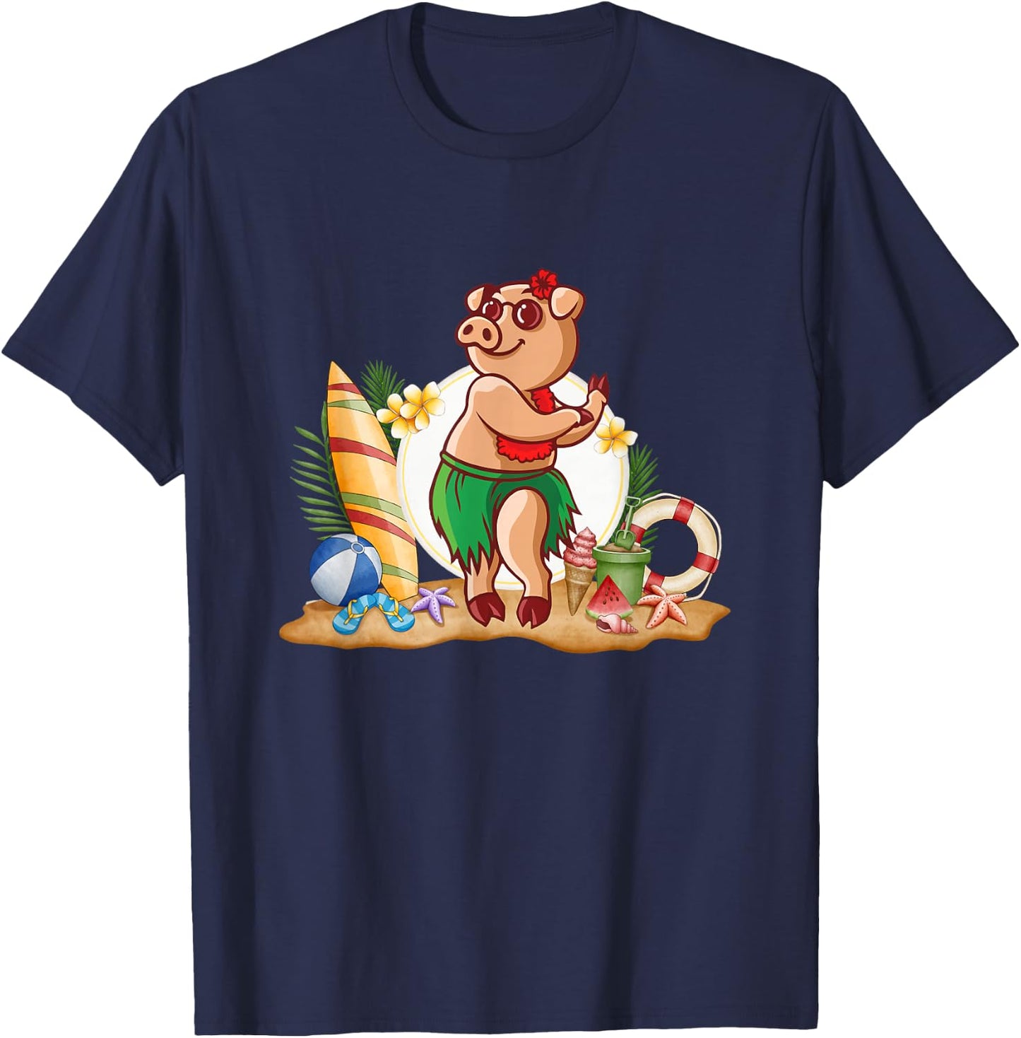 Hawaiian Luau Pig Drinking Coconut Summer Vacation T-Shirt - T-Shirt | Navy