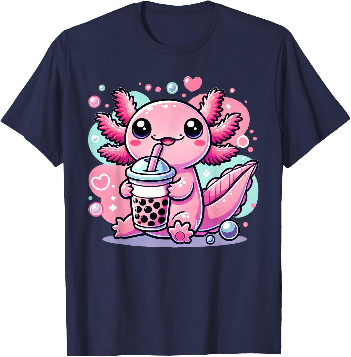 Kawaii Axolotl Bubble Boba Tea T-Shirt - T-Shirt | Navy