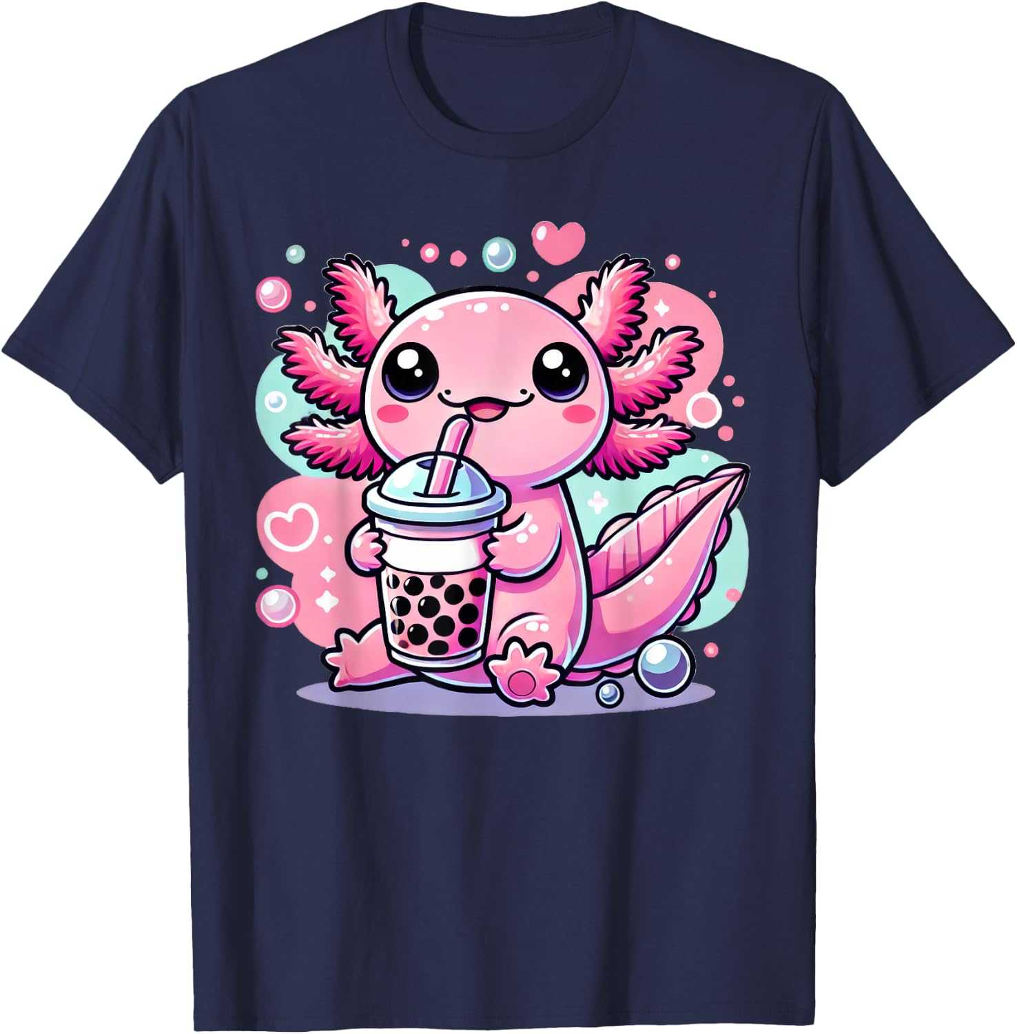 Kawaii Axolotl Bubble Boba Tea T-Shirt - T-Shirt | Navy