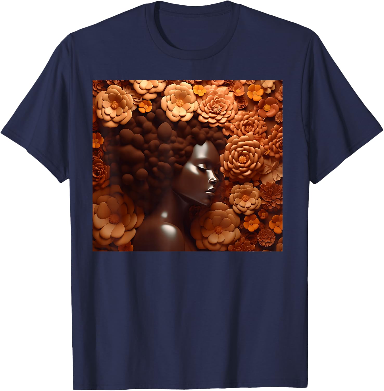 Afro Woman Floral Black Queen Puff Art Melanin Magic Orange T-Shirt - T-Shirt | Navy