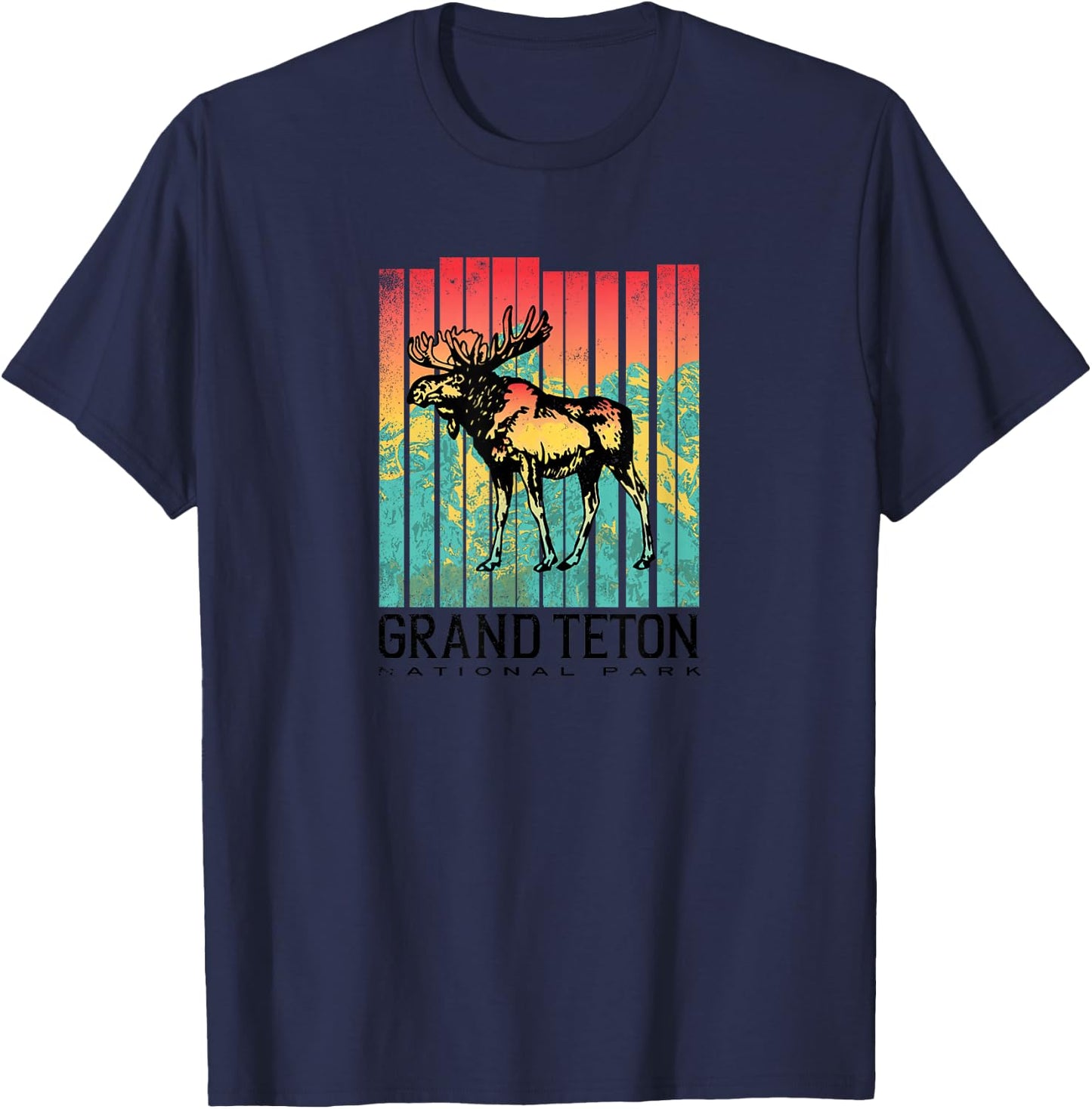 Grand Teton National Park Retro Colorful Moose T-Shirt - T-Shirt | Navy