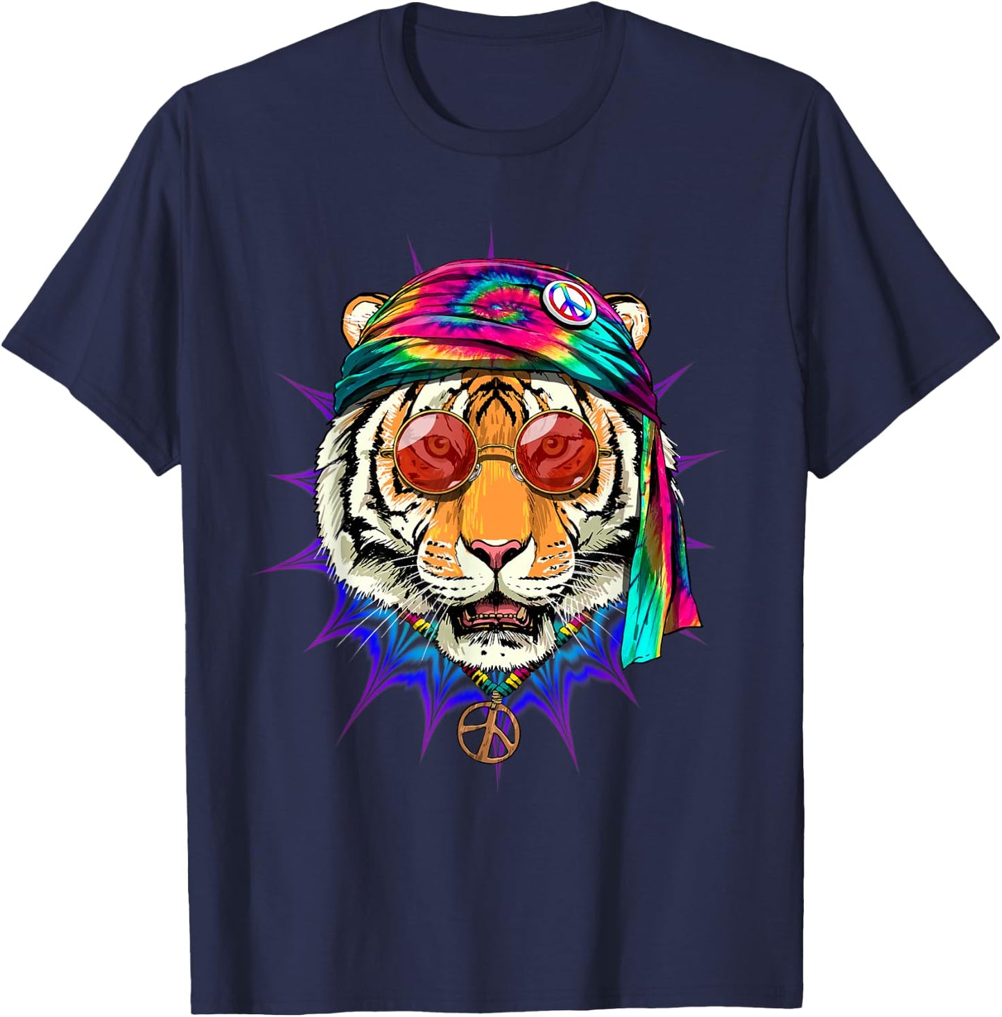 Tie Dye Hippie Tiger Hippiness Peace Love Tiger T-Shirt - T-Shirt | Navy