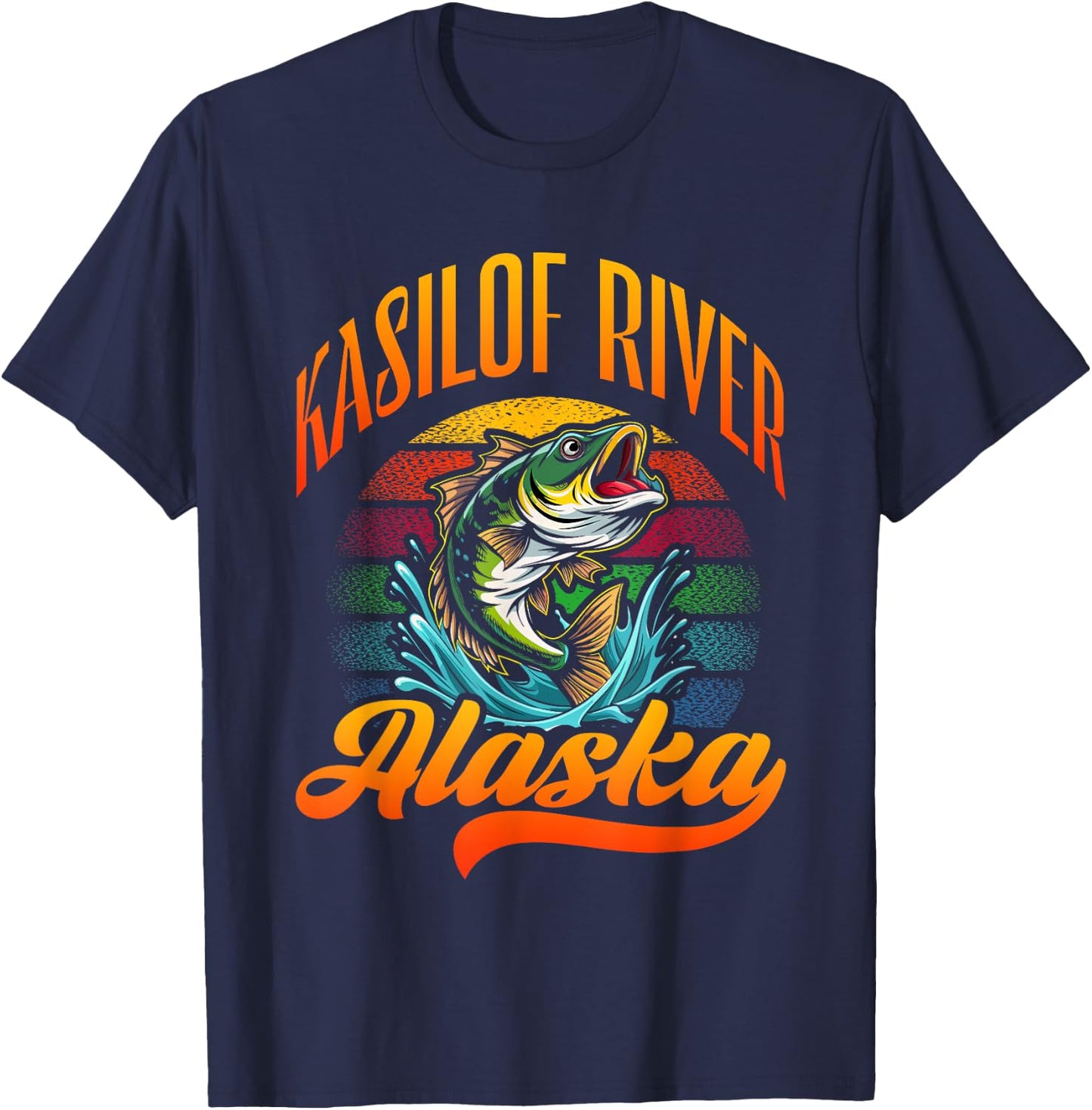 KASILOF RIVER, ALASKA, a Fishing Retro Sunset Design T-Shirt - T-Shirt | Navy