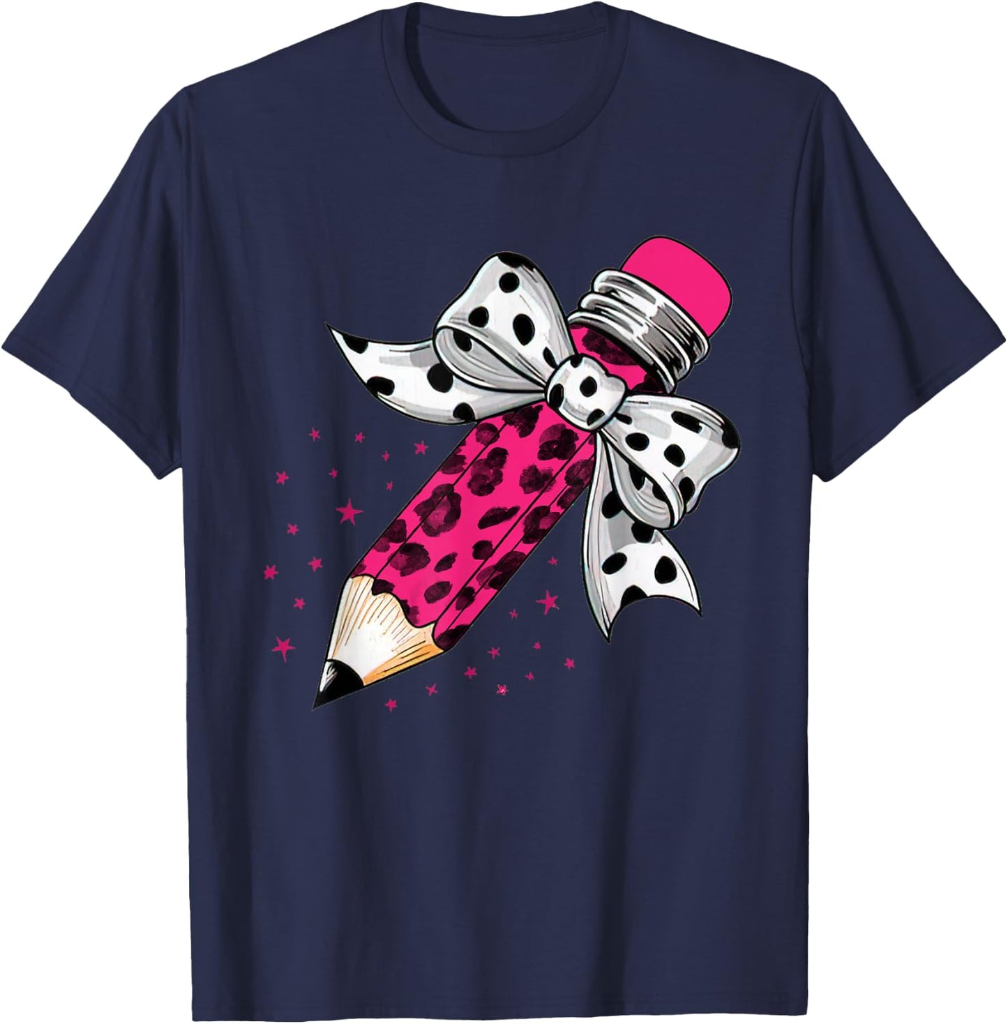 Back To School, Coquette Dalmatian Dots Print Bow Pencil T-Shirt - T-Shirt | Navy