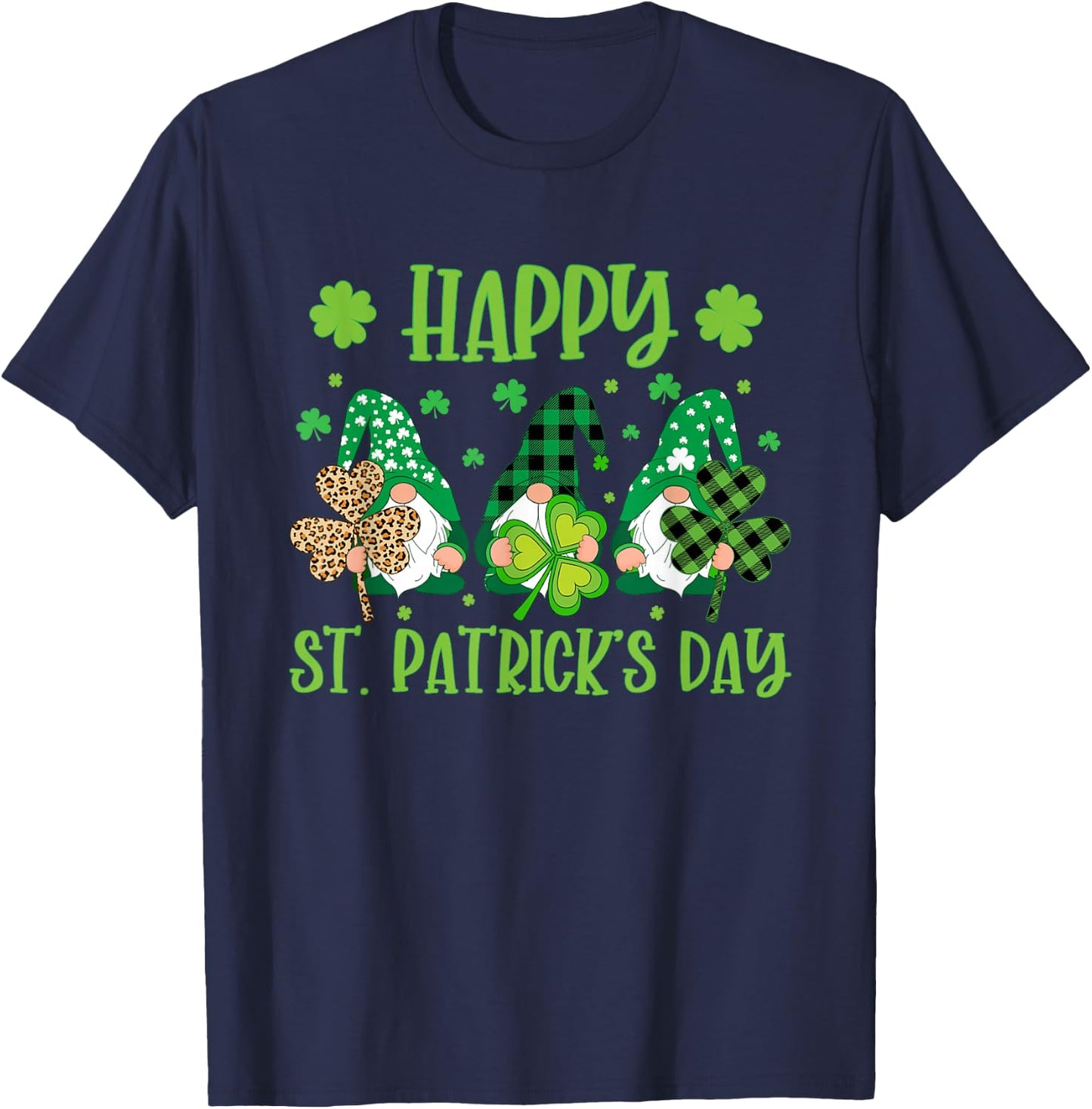 Gnomes Holding Shamrock Green Plaid Leopard St Patrick's Day T-Shirt - T-Shirt | Navy