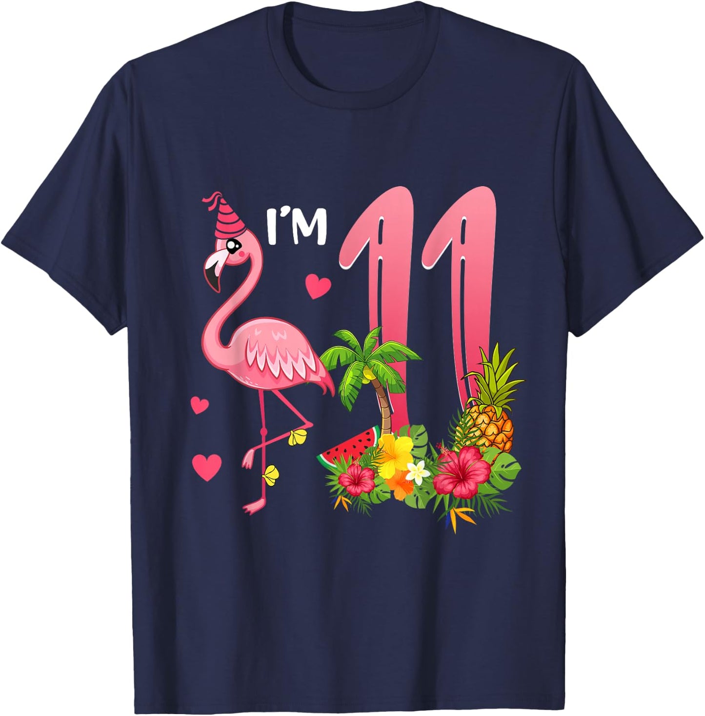 I'm 11 Year Old Flamingo Tropical Theme 11th Birthday Girl T-Shirt - T-Shirt | Navy