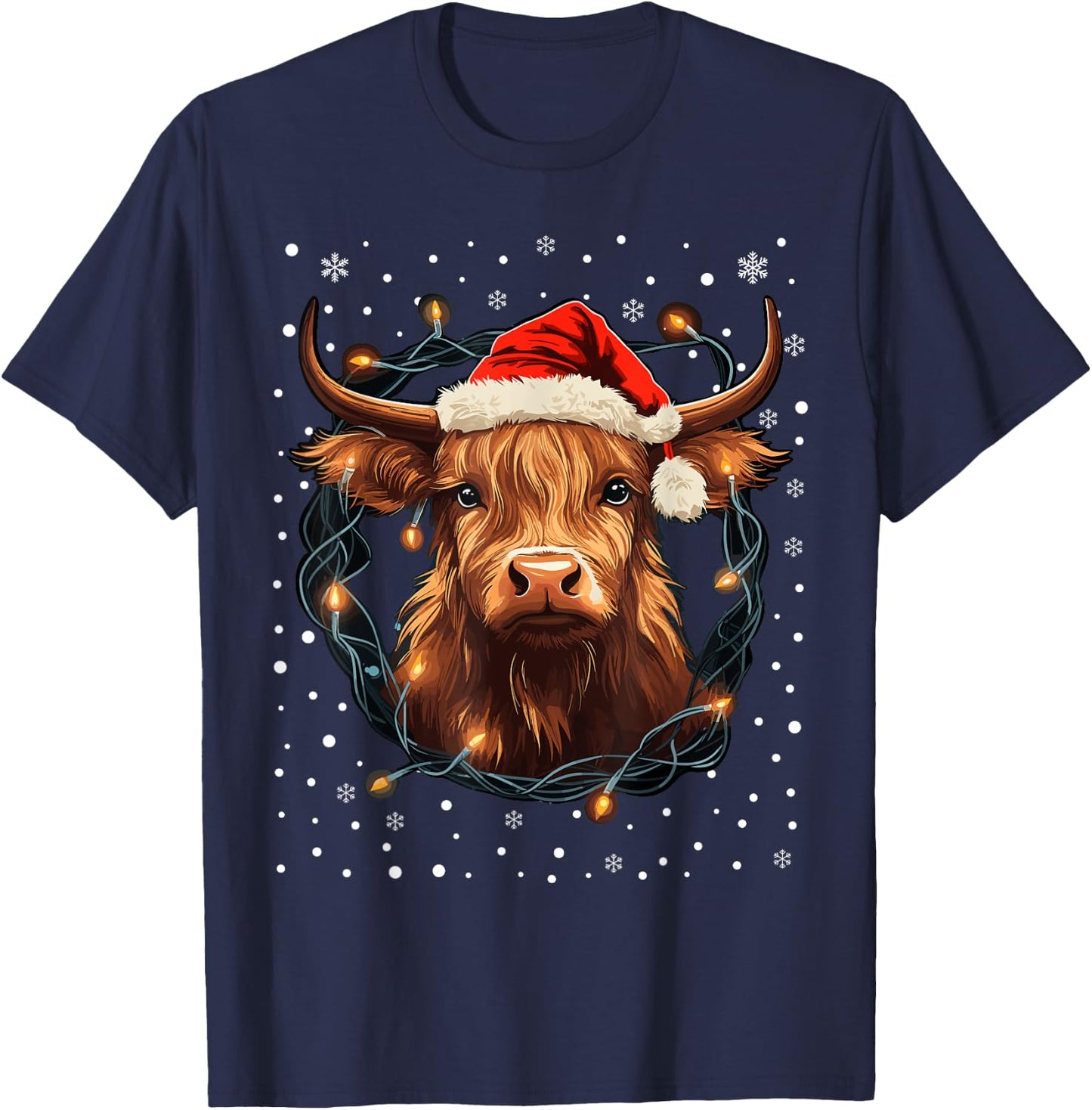 Cute Highland Cow Christmas Lights Santa Hat Xmas Pajama T-Shirt - T-Shirt | Navy