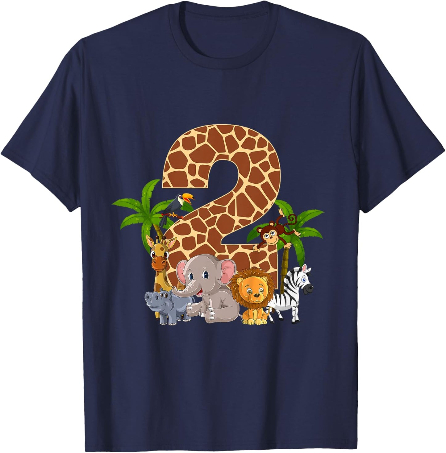 Kids 2 Year Old Zoo Birthday Safari Jungle Animal 2nd B-day T-Shirt - T-Shirt | Navy