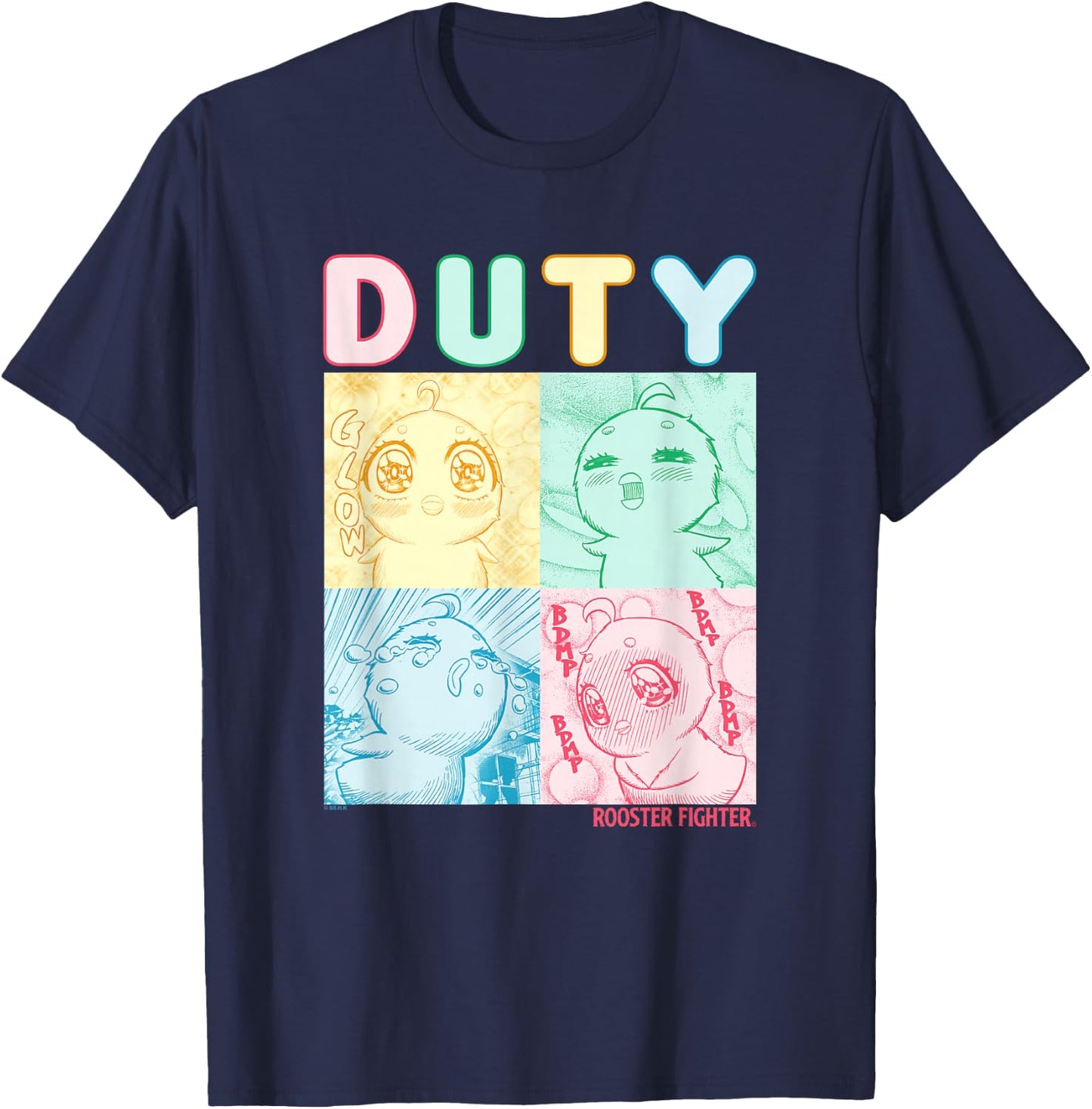 Rooster Fighter Duty Piyoko Colorful Panels Manga Poster T-Shirt - T-Shirt | Navy