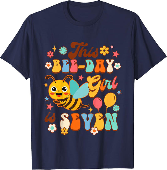 Kids 7th Birthday Girl 7 Years Old This Bee-day Girl Is Seven T-Shirt - T-Shirt | Navy