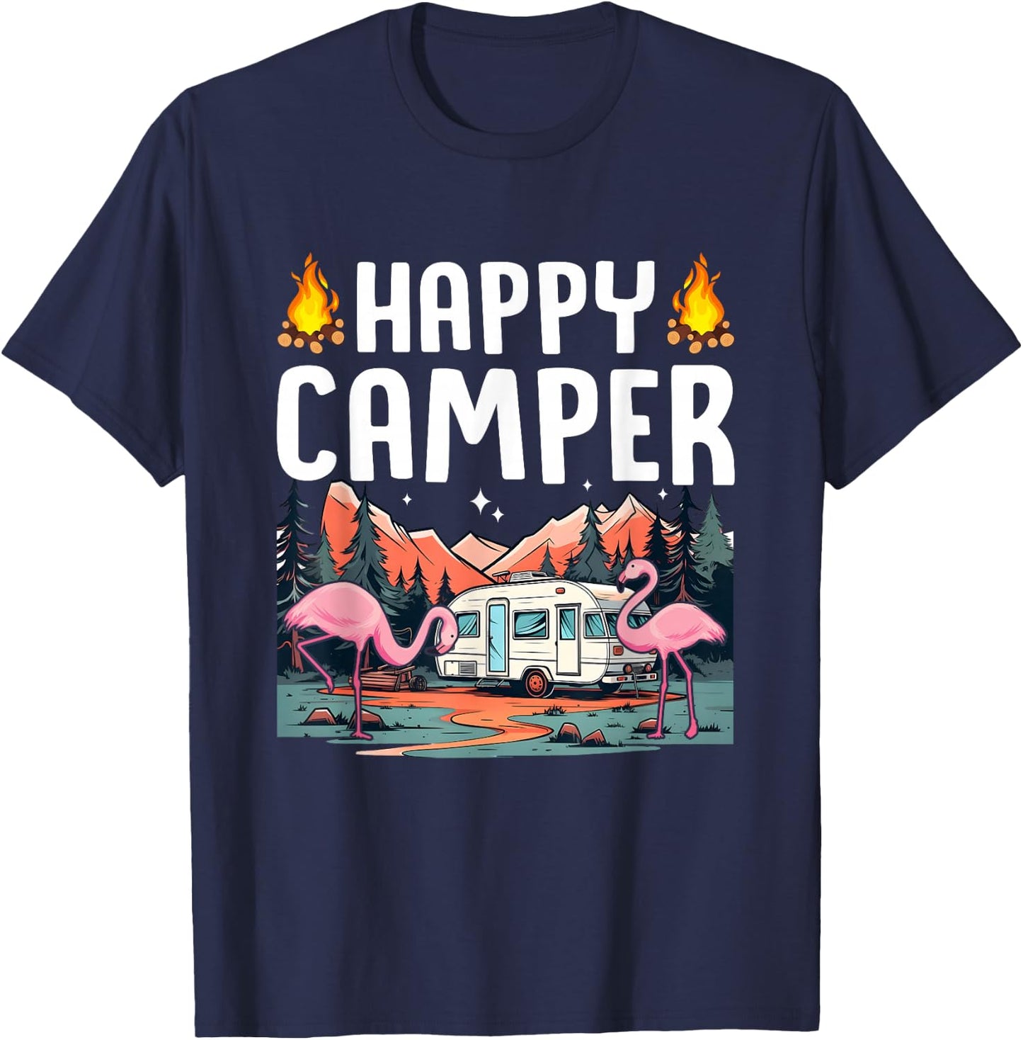 Happy Camping Flamingo Tropical Summer Vacation Camper T-Shirt - T-Shirt | Navy