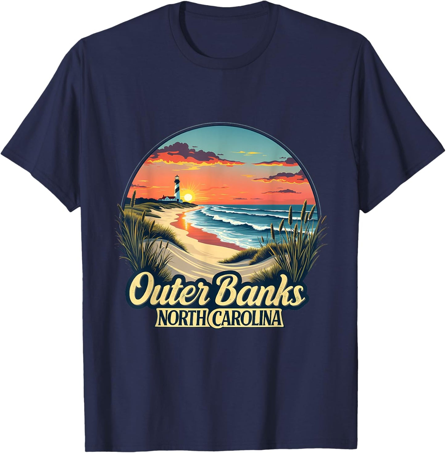 Outer Banks North Carolina Coastal Sunset Beach Lighthouse T-Shirt - T-Shirt | Navy