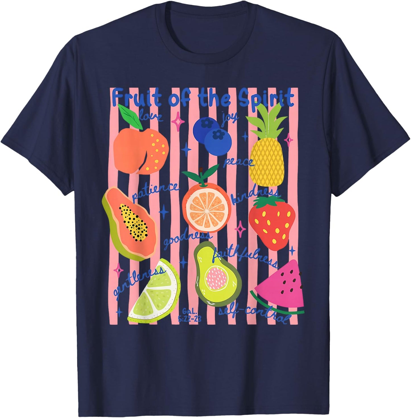 Stripe Fruit of The Spirit Fruit Summer Vacation Christian T-Shirt - T-Shirt | Navy