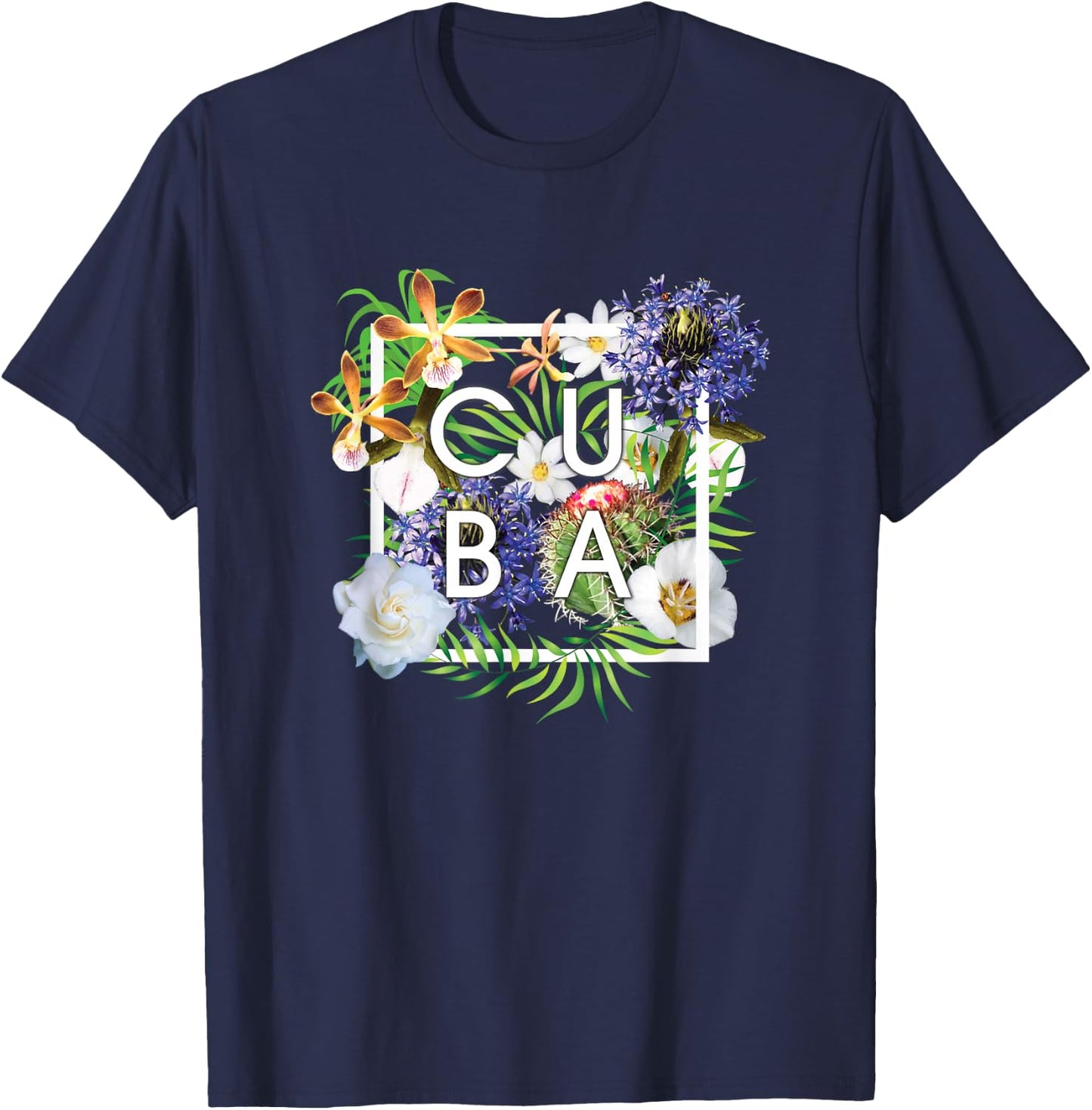 Flowers of Cuba Word Art - Cuban Pride T-Shirt - T-Shirt | Navy