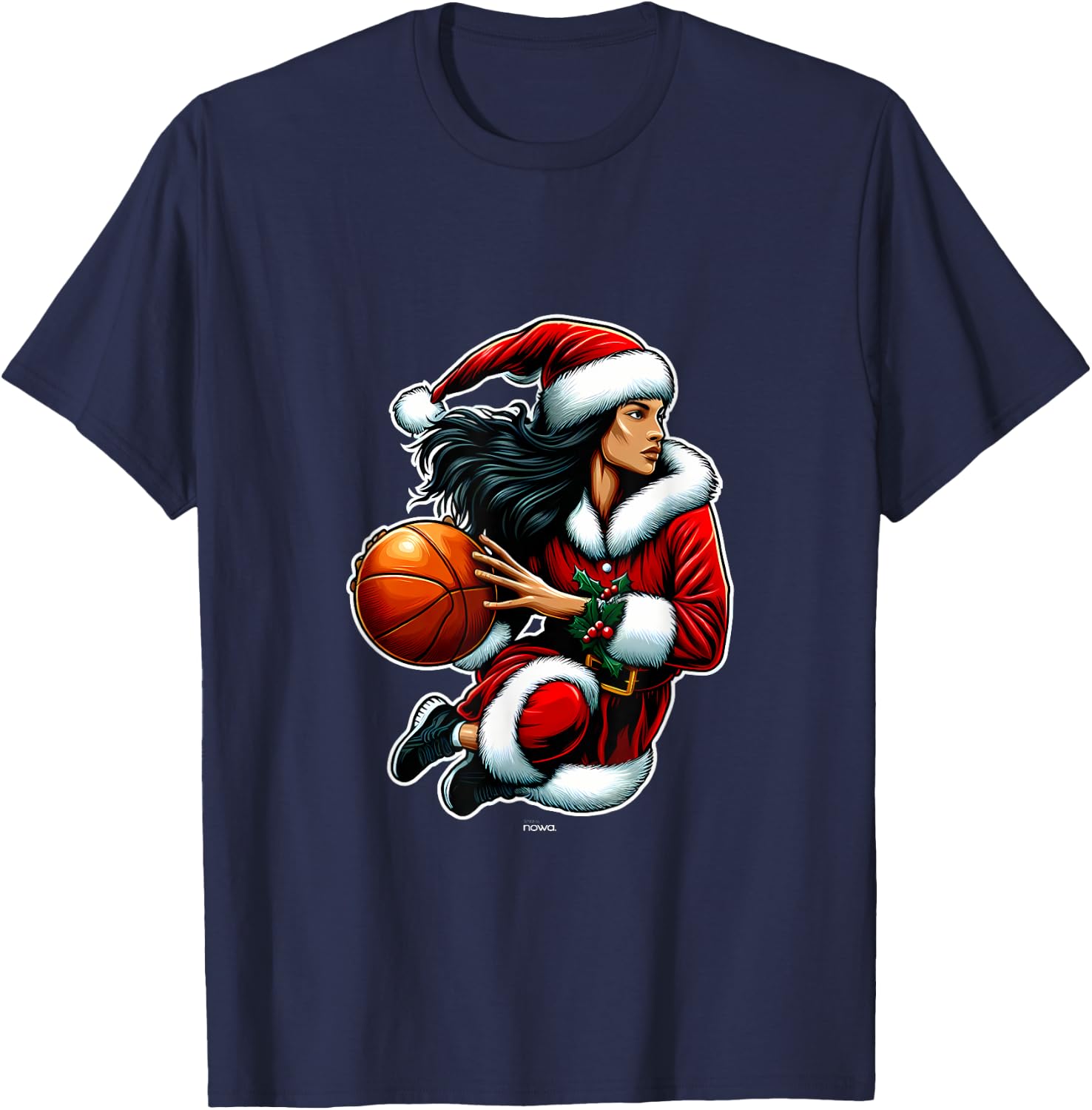 Pretty Miss Santa Claus Playing Basketball Christmas T-Shirt - T-Shirt | Navy