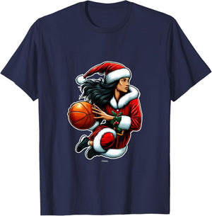 Pretty Miss Santa Claus Playing Basketball Christmas T-Shirt - T-Shirt | Navy