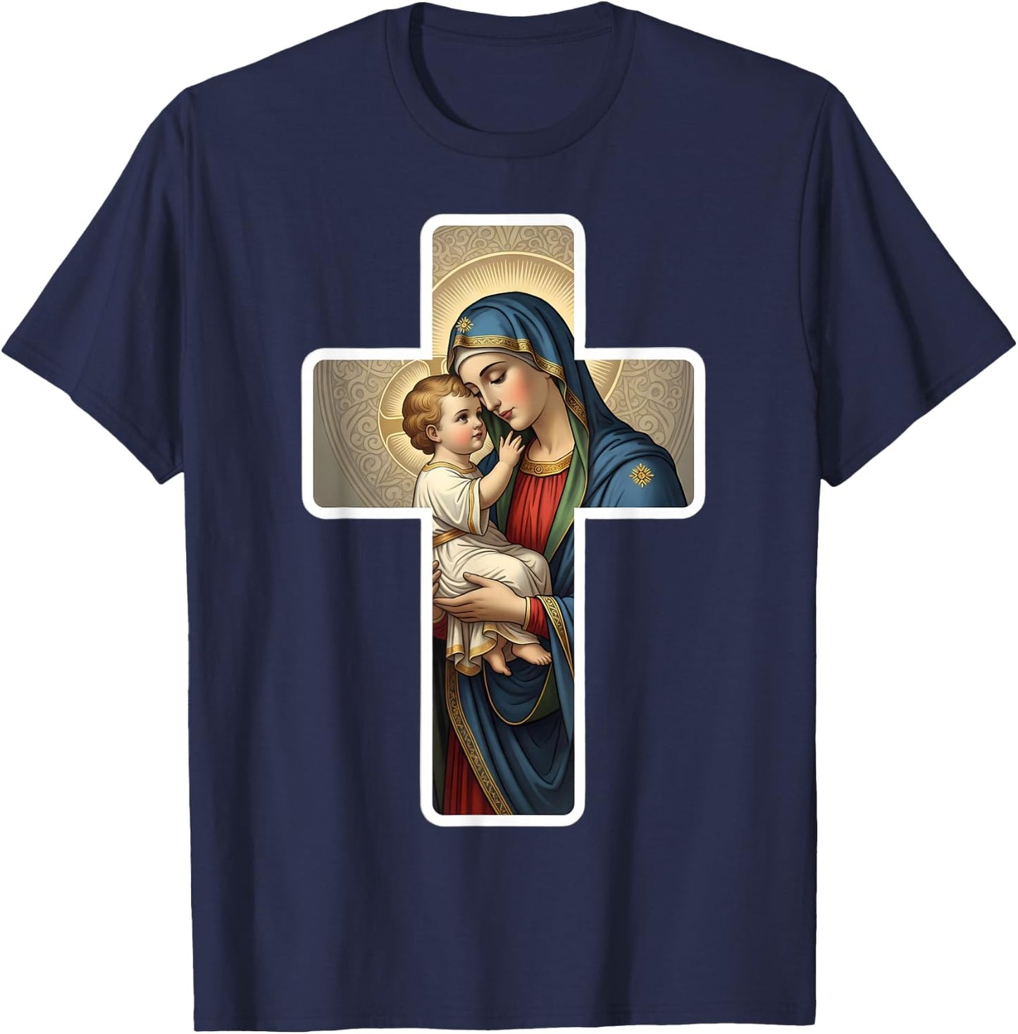 Saint Mary with Baby Jesus Christ Santa Maria Cross Icon T-Shirt - T-Shirt | Navy
