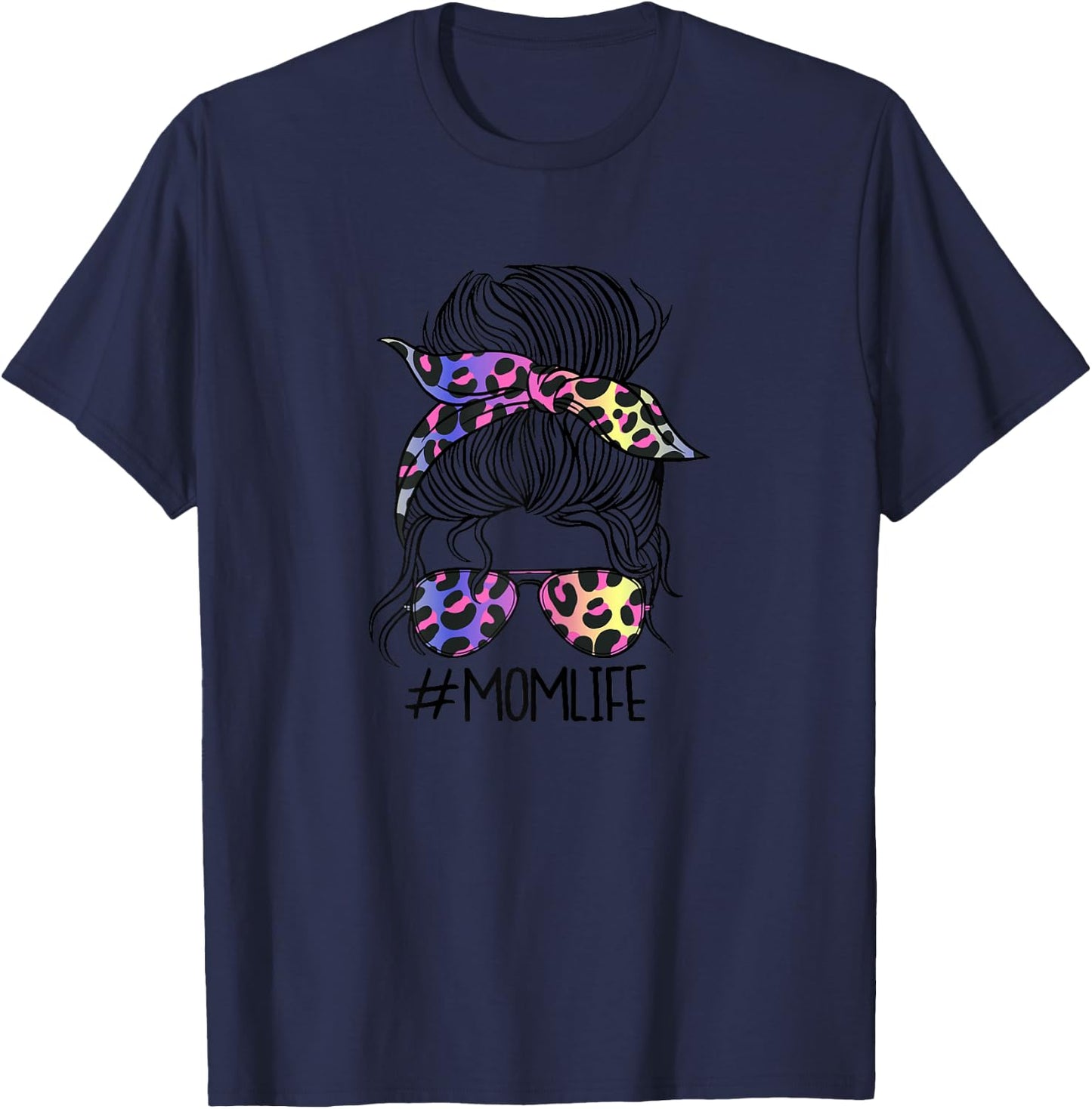 Women's #MOMLIFE Mom Life Leopard Print Rainbow , White, s T-Shirt - T-Shirt | Navy