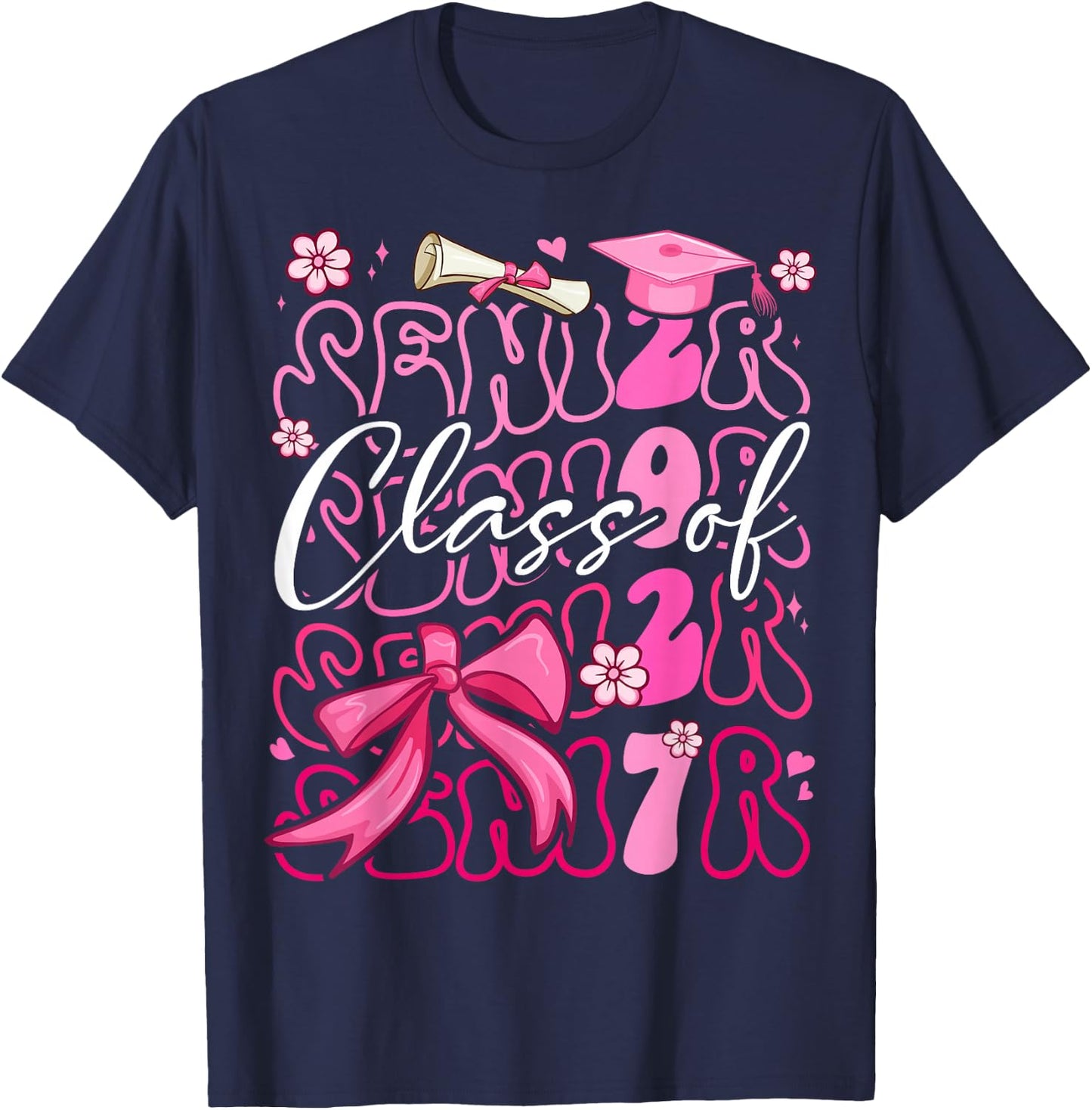 Class of 2027 Senior Cute Graduation Pink Bow 2027 Grad Girl T-Shirt - T-Shirt | Navy