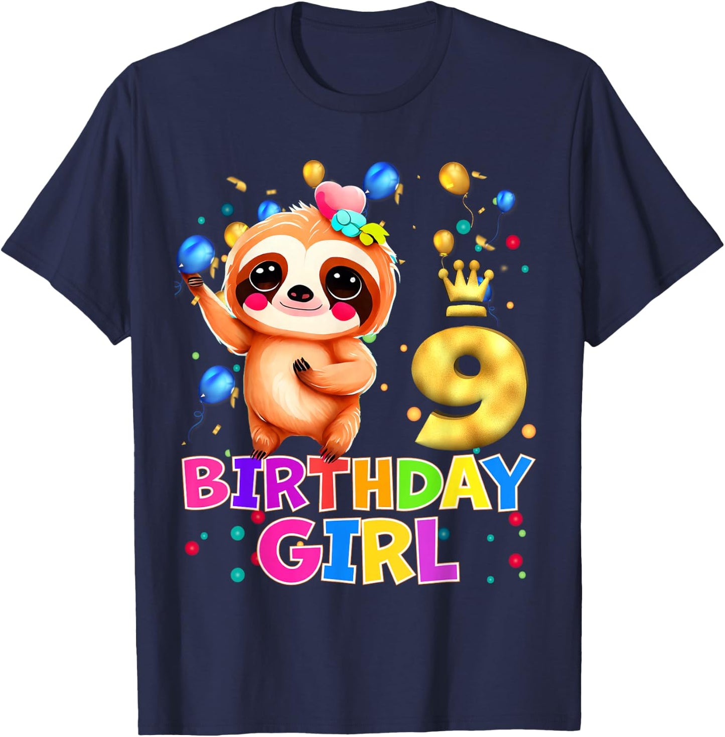 Sloth Kids 9 Year Old Sloth 9th Birthday Party T-Shirt - T-Shirt | Navy