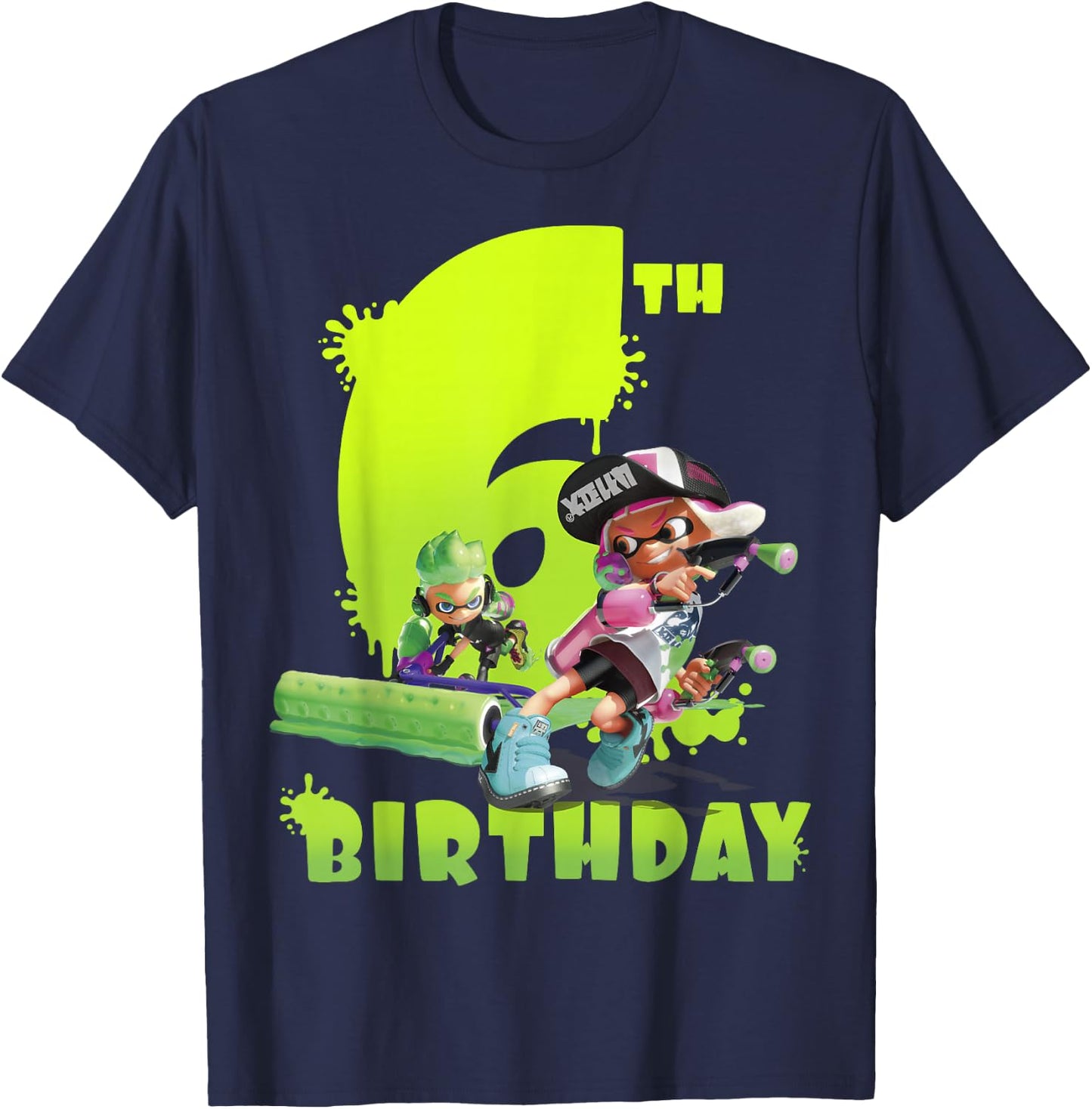 Splatoon Inkling 6th Birthday Green Splatter Portrait T-Shirt - T-Shirt | Navy