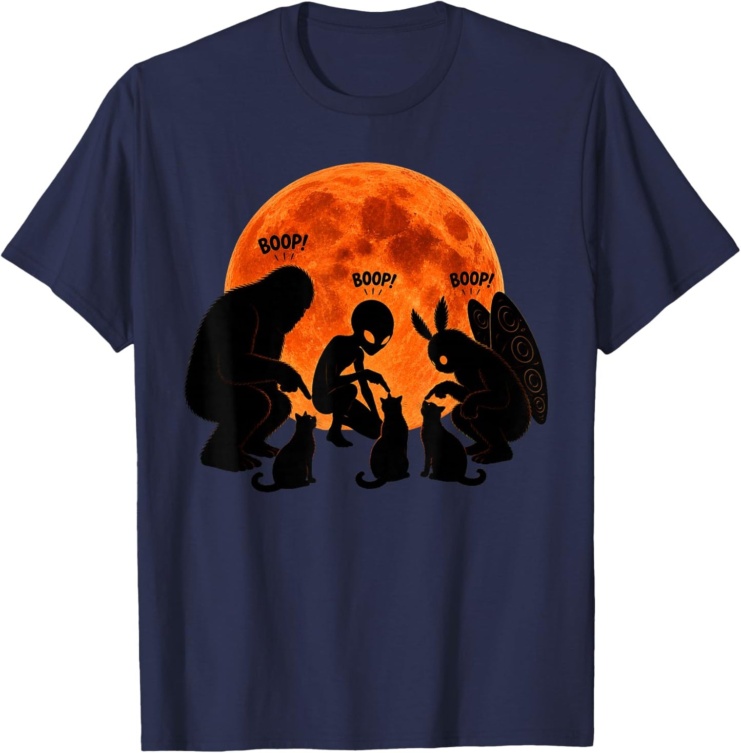 Bigfoot Boop Cat Alien Mothman Cats Full Moon Funny Cryptid T-Shirt - T-Shirt | Navy