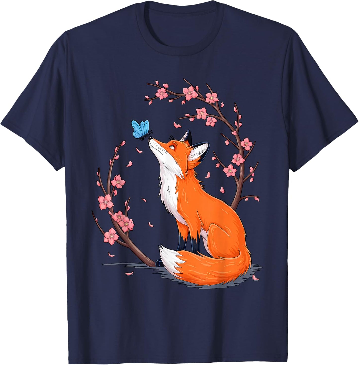 Fox Japanese Cherry Blossom Flower Vintage T-Shirt - T-Shirt | Navy