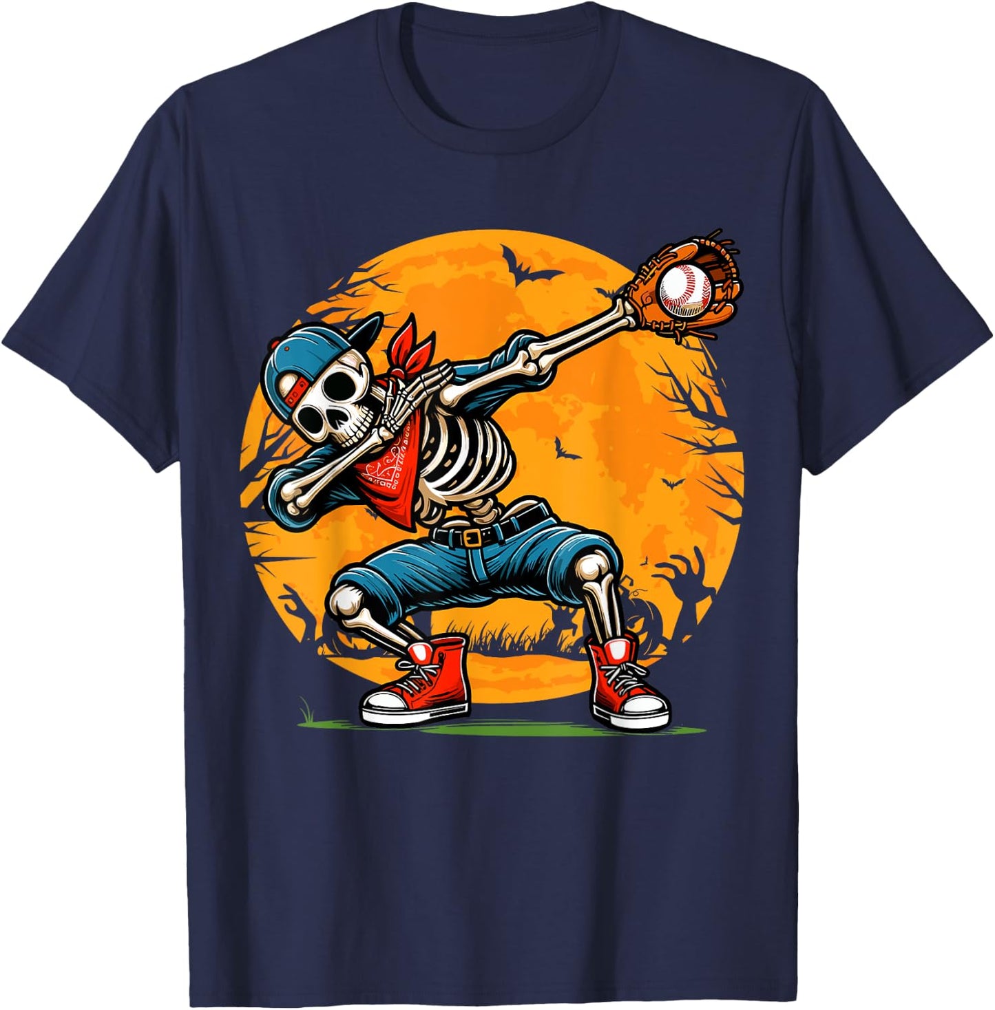 Dabbing Skeleton Baseball Halloween Spooky Baseball Player T-Shirt - T-Shirt | Navy